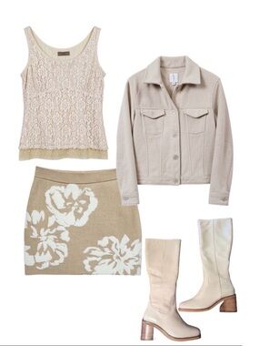 By Anthropologie Beige Mini Sweater Skirt with White Floral Knit